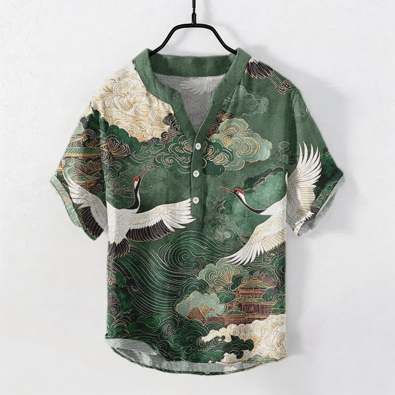 Buddha Stones Chemise homme à manches courtes et demi-boutonnée, motif grues et nuages ​​en coton - Vert forêt - US/UK/AU50，EU60 (5XL) - image 0