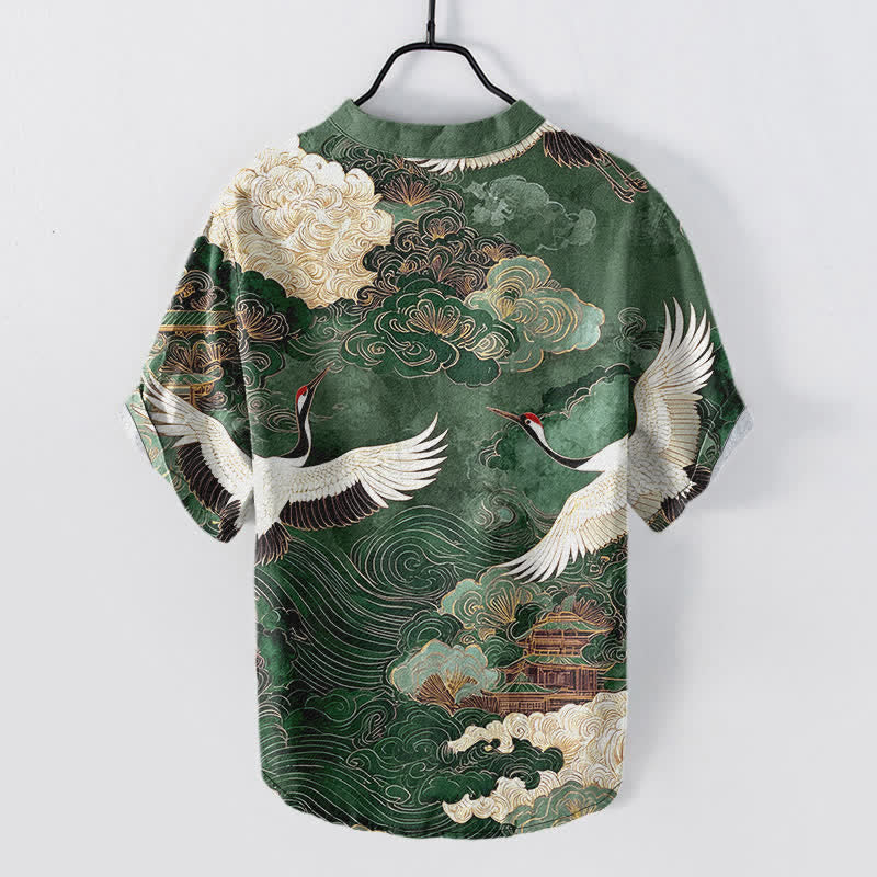 Buddha Stones Chemise homme à manches courtes et demi-boutonnée, motif grues et nuages ​​en coton - image 1