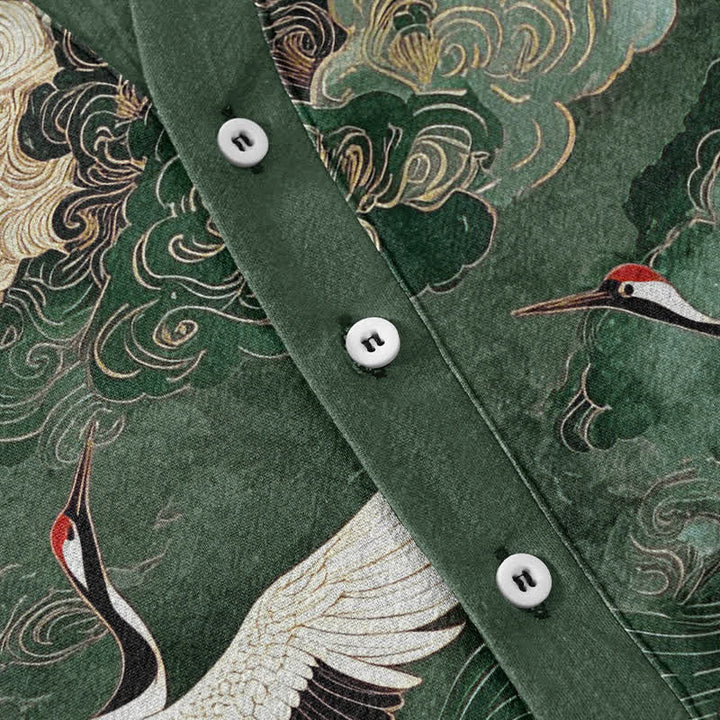 Buddha Stones Chemise homme à manches courtes et demi-boutonnée, motif grues et nuages ​​en coton - image 3