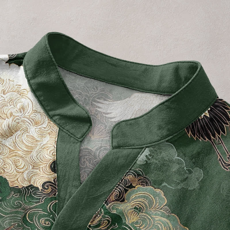 Buddha Stones Chemise homme à manches courtes et demi-boutonnée, motif grues et nuages ​​en coton - image 2