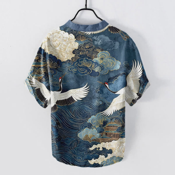 Buddha Stones Chemise homme à manches courtes et demi-boutonnée, motif grues et nuages ​​en coton - image 6