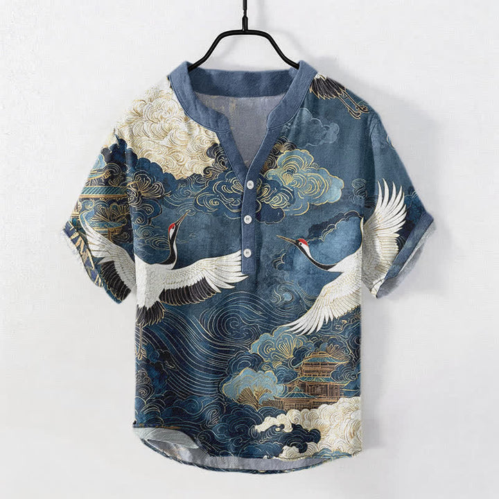 Buddha Stones Chemise homme à manches courtes et demi-boutonnée, motif grues et nuages ​​en coton - SteelBlue - US/UK/AU50，EU60 (5XL) - image 5