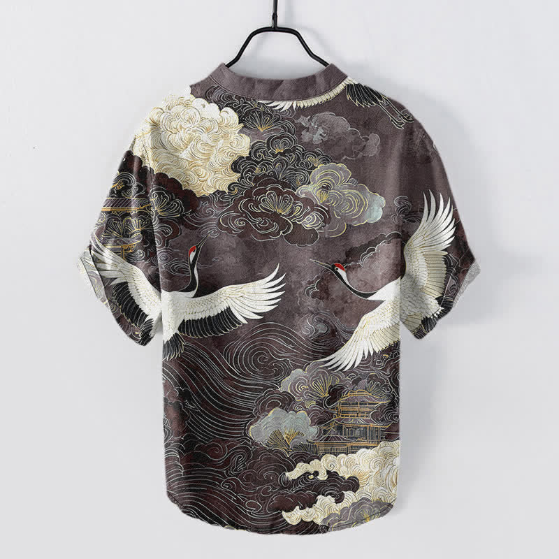 Buddha Stones Chemise homme à manches courtes et demi-boutonnée, motif grues et nuages ​​en coton - image 8