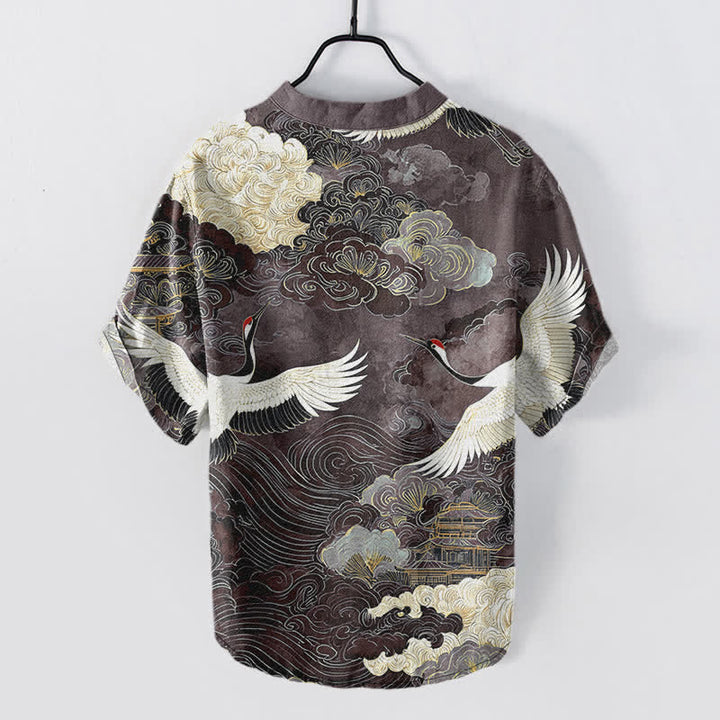 Buddha Stones Chemise homme à manches courtes et demi-boutonnée, motif grues et nuages ​​en coton - image 8