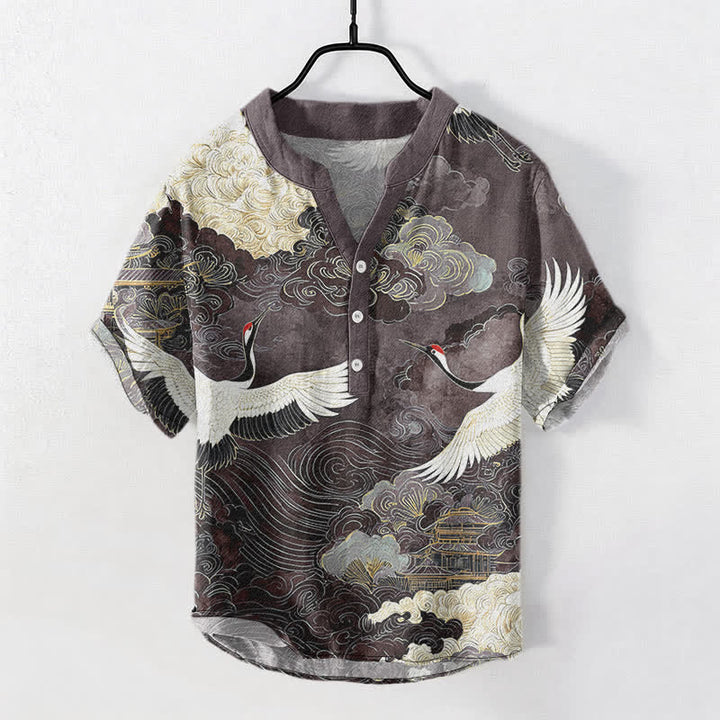 Buddha Stones Chemise homme à manches courtes et demi-boutonnée, motif grues et nuages ​​en coton - Gris ardoise - US/UK/AU50，EU60 (5XL) - image 7
