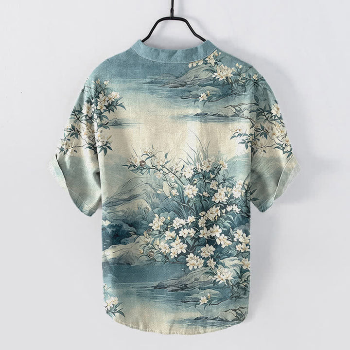 Buddha Stones Chemise homme à manches courtes et demi-boutonnée en coton à motif floral paysage - image 1