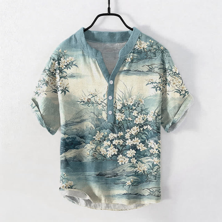 Buddha Stones Chemise homme à manches courtes et demi-boutonnée en coton à motif floral paysage - Turquoise foncé - US/UK/AU50，EU60 (5XL) - image 0