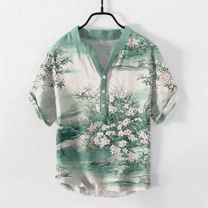 Buddha Stones Chemise homme à manches courtes et demi-boutonnée en coton à motif floral paysage - Vert clair - US/UK/AU50，EU60 (5XL) - image 3