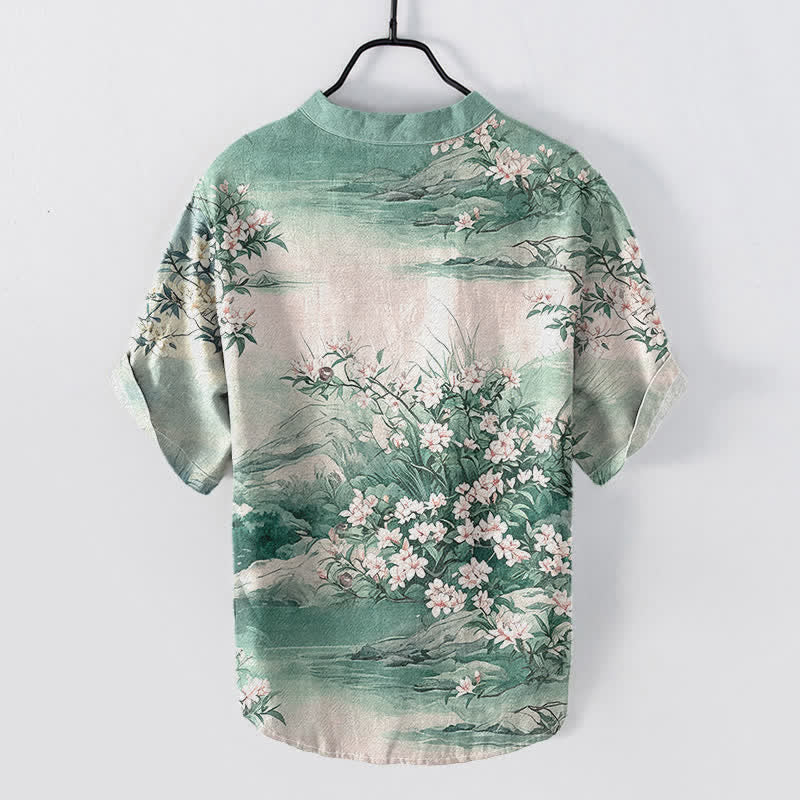 Buddha Stones Chemise homme à manches courtes et demi-boutonnée en coton à motif floral paysage - image 4