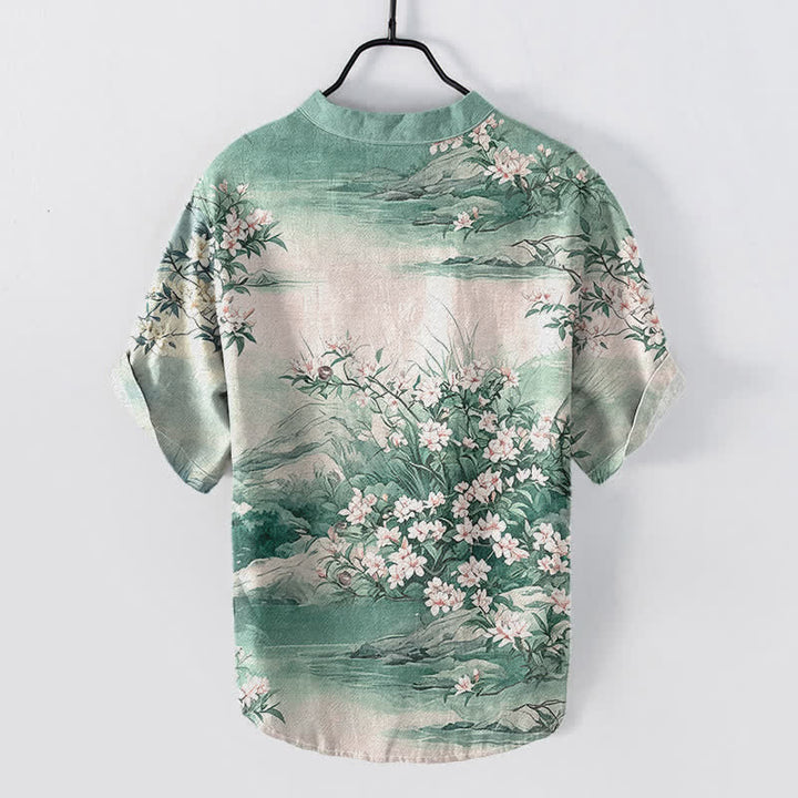 Buddha Stones Chemise homme à manches courtes et demi-boutonnée en coton à motif floral paysage - image 4