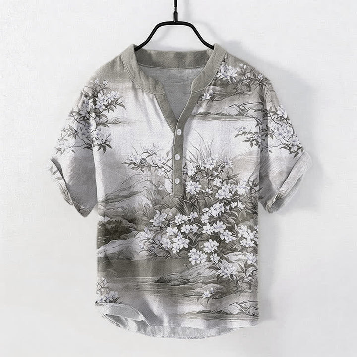 Buddha Stones Chemise homme à manches courtes et demi-boutonnée en coton à motif floral paysage - Gris clair - US/UK/AU50，EU60 (5XL) - image 5