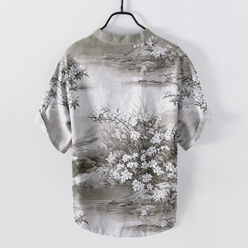 Buddha Stones Chemise homme à manches courtes et demi-boutonnée en coton à motif floral paysage - image 6