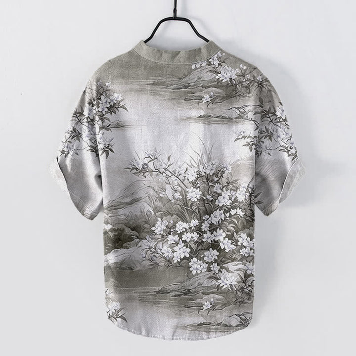 Buddha Stones Chemise homme à manches courtes et demi-boutonnée en coton à motif floral paysage - image 6