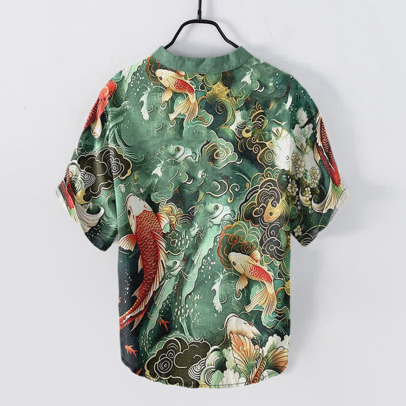 Buddha Stones Chemise à manches courtes et demi-boutonnée pour homme, motif vagues et carpes koï en coton - image 1