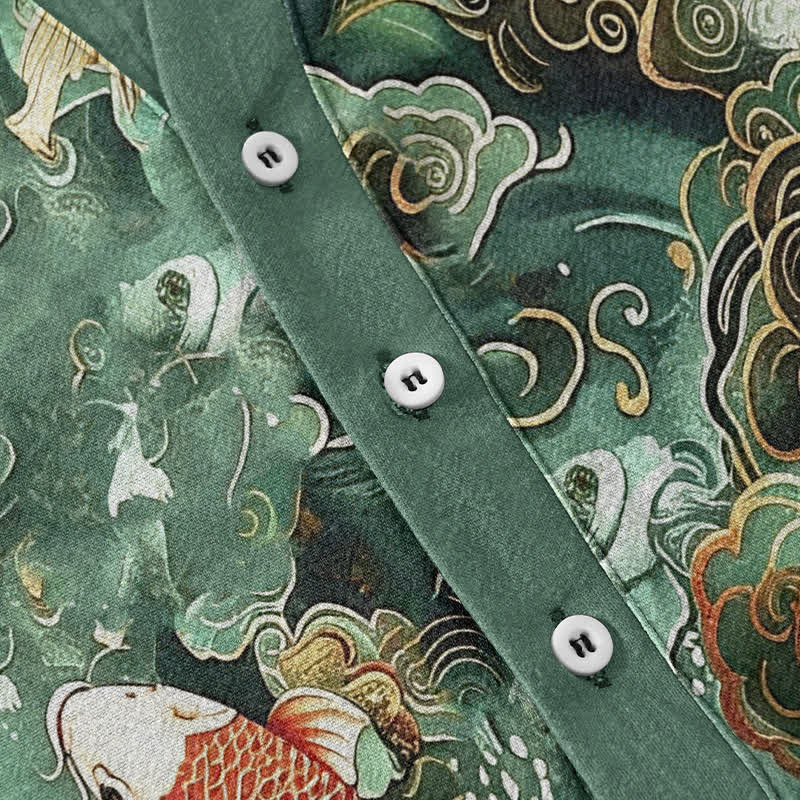 Buddha Stones Chemise à manches courtes et demi-boutonnée pour homme, motif vagues et carpes koï en coton - image 3