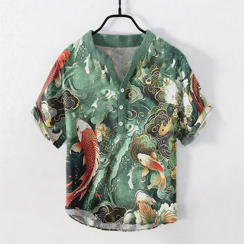 Buddha Stones Chemise à manches courtes et demi-boutonnée pour homme, motif vagues et carpes koï en coton - Vert mer moyen - US/UK/AU50，EU60 (5XL) - image 0