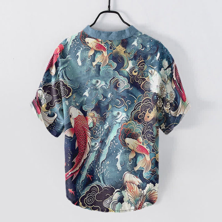 Buddha Stones Chemise à manches courtes et demi-boutonnée pour homme, motif vagues et carpes koï en coton - image 6