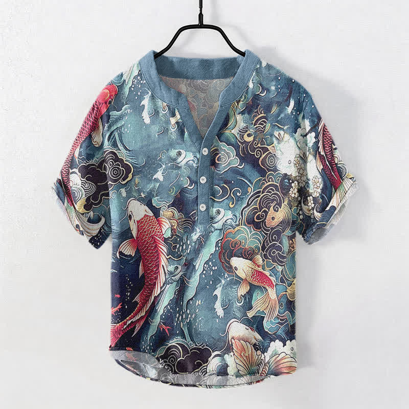 Buddha Stones Chemise à manches courtes et demi-boutonnée pour homme, motif vagues et carpes koï en coton - Turquoise - US/UK/AU50，EU60 (5XL) - image 5