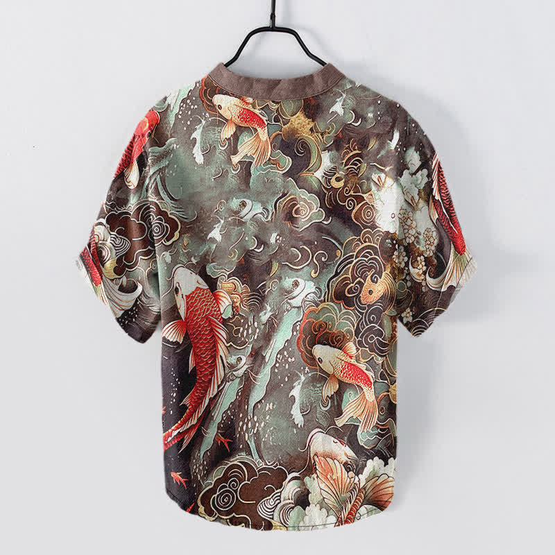 Buddha Stones Chemise à manches courtes et demi-boutonnée pour homme, motif vagues et carpes koï en coton - image 8