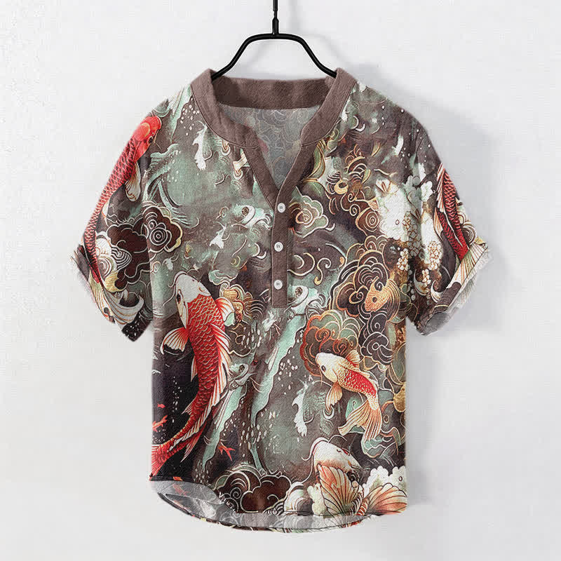 Buddha Stones Chemise à manches courtes et demi-boutonnée pour homme, motif vagues et carpes koï en coton - Terre de sienne - US/UK/AU50，EU60 (5XL) - image 7