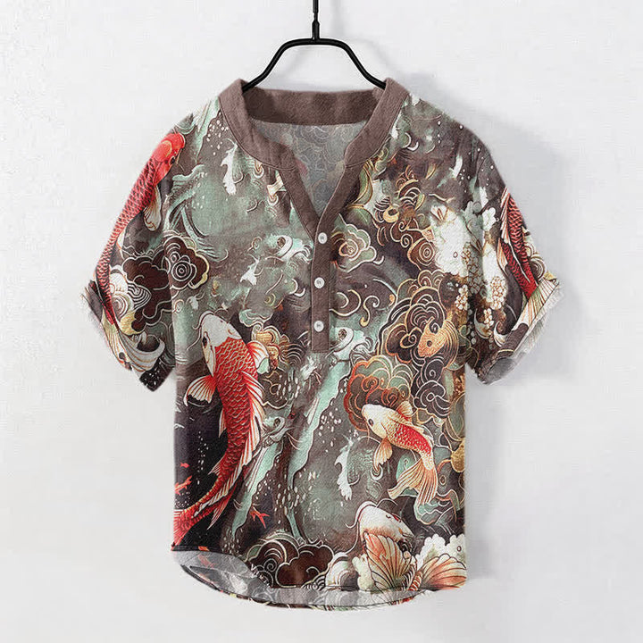 Buddha Stones Chemise à manches courtes et demi-boutonnée pour homme, motif vagues et carpes koï en coton - Terre de sienne - US/UK/AU50，EU60 (5XL) - image 7