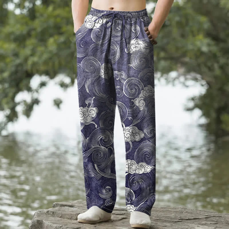 Buddha Stones Pantalon fuselé pour homme en coton à motif vagues et nuages, avec poches - Marine - US/UK/AU50，EU60 (5XL) - image 0