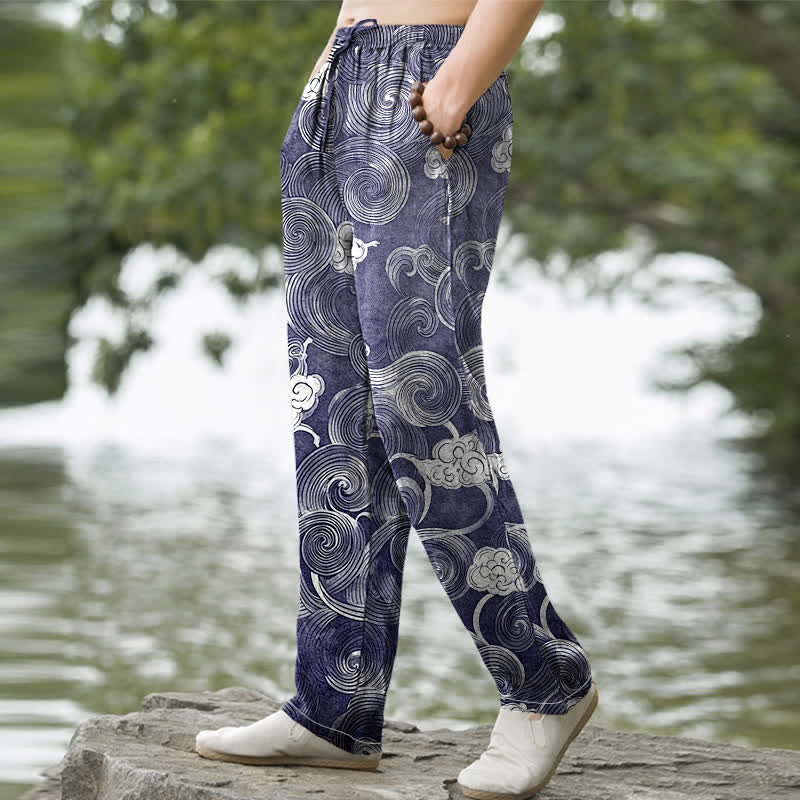 Buddha Stones Pantalon fuselé pour homme en coton à motif vagues et nuages, avec poches - image 1