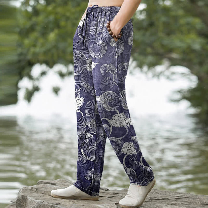 Buddha Stones Pantalon fuselé pour homme en coton à motif vagues et nuages, avec poches - image 1