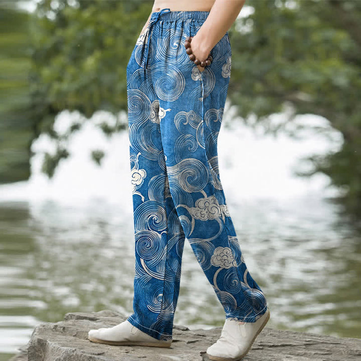Buddha Stones Pantalon fuselé pour homme en coton à motif vagues et nuages, avec poches - image 5