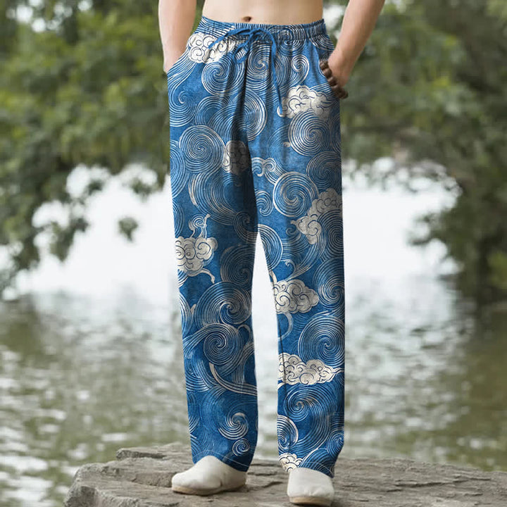 Buddha Stones Pantalon fuselé pour homme en coton à motif vagues et nuages, avec poches - DodgerBlue - US/UK/AU50，EU60 (5XL) - image 4