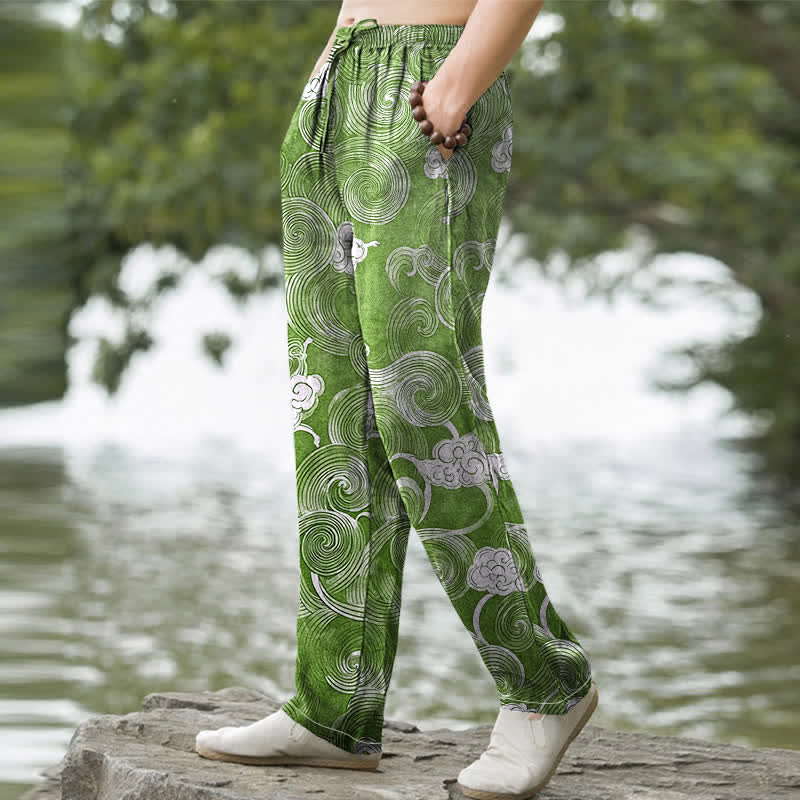 Buddha Stones Pantalon fuselé pour homme en coton à motif vagues et nuages, avec poches - image 9
