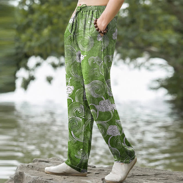 Buddha Stones Pantalon fuselé pour homme en coton à motif vagues et nuages, avec poches - image 9