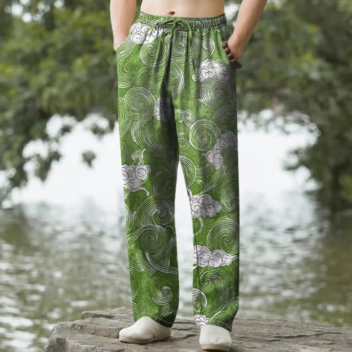 Buddha Stones Pantalon fuselé pour homme en coton à motif vagues et nuages, avec poches - Vert forêt - US/UK/AU50，EU60 (5XL) - image 8