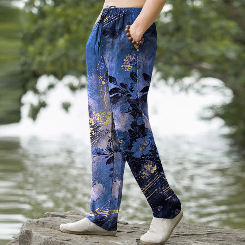 Buddha Stones Pantalon fuselé pour homme en coton à motif floral étoilé, avec poches - image 1