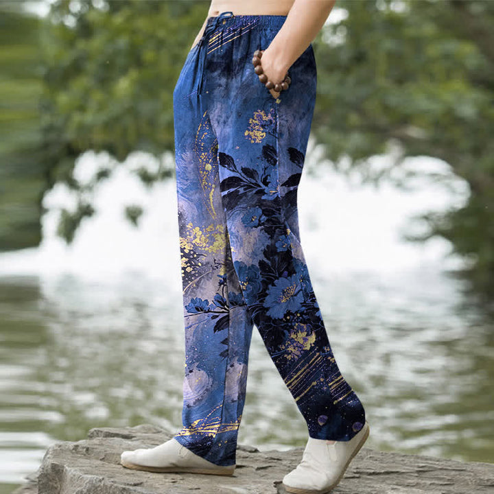 Buddha Stones Pantalon fuselé pour homme en coton à motif floral étoilé, avec poches - image 1