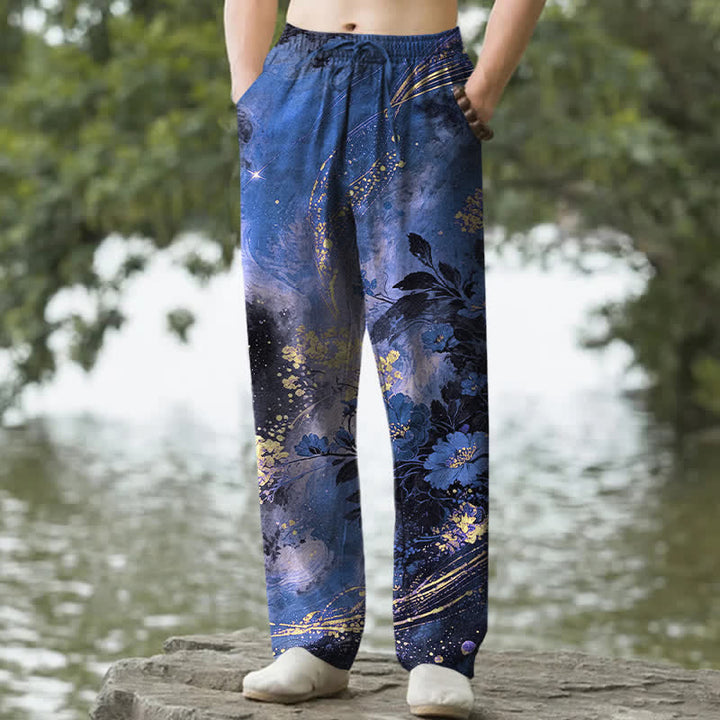 Buddha Stones Pantalon fuselé pour homme en coton à motif floral étoilé, avec poches - Bleu royal - US/UK/AU50，EU60 (5XL) - image 0