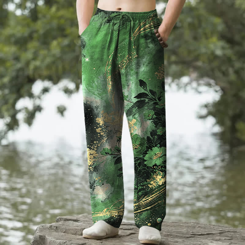 Buddha Stones Pantalon fuselé pour homme en coton à motif floral étoilé, avec poches - Vert forêt - US/UK/AU50，EU60 (5XL) - image 4