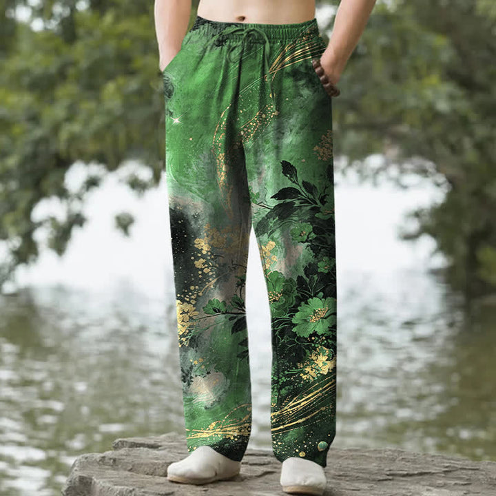 Buddha Stones Pantalon fuselé pour homme en coton à motif floral étoilé, avec poches - Vert forêt - US/UK/AU50，EU60 (5XL) - image 4