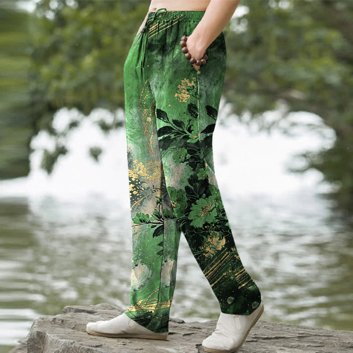 Buddha Stones Pantalon fuselé pour homme en coton à motif floral étoilé, avec poches - image 5