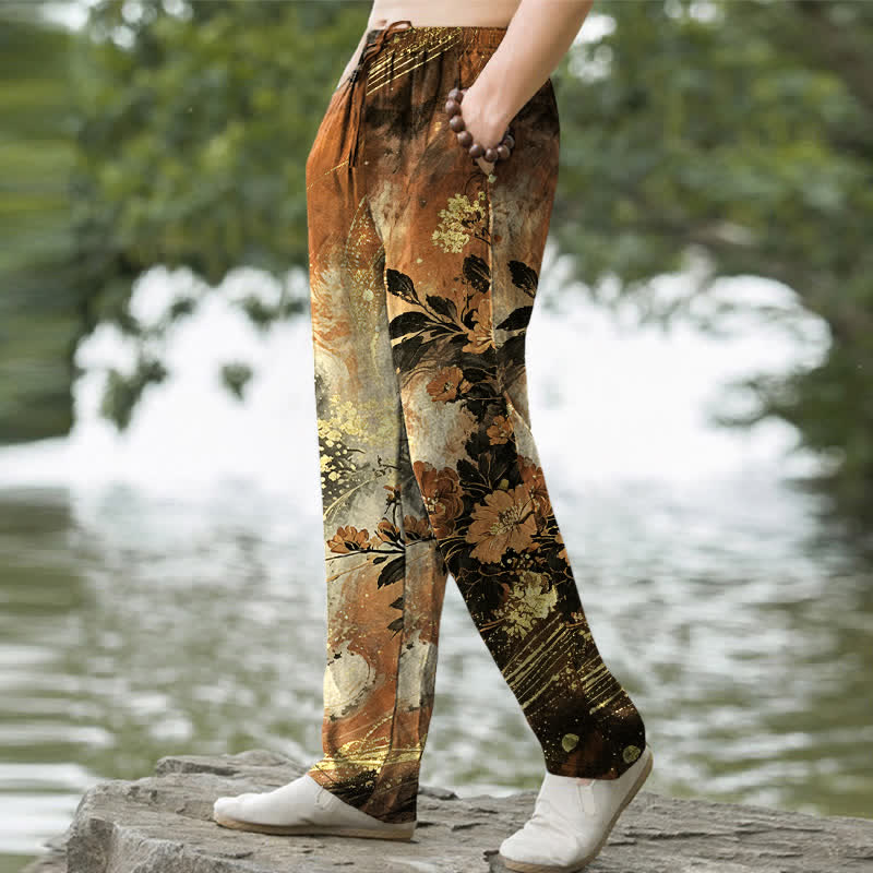 Buddha Stones Pantalon fuselé pour homme en coton à motif floral étoilé, avec poches - image 9