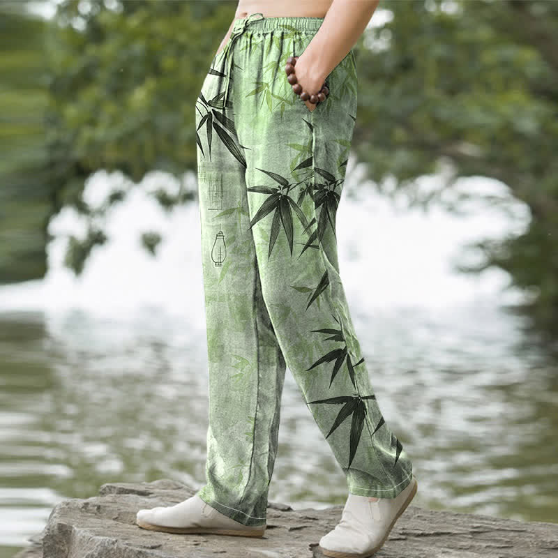 Buddha Stones Pantalon fuselé pour homme avec poches, imprimé feuilles de bambou et encre de coton - image 1