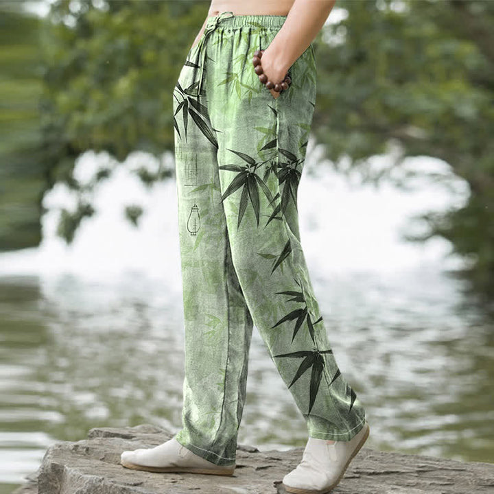 Buddha Stones Pantalon fuselé pour homme avec poches, imprimé feuilles de bambou et encre de coton - image 1