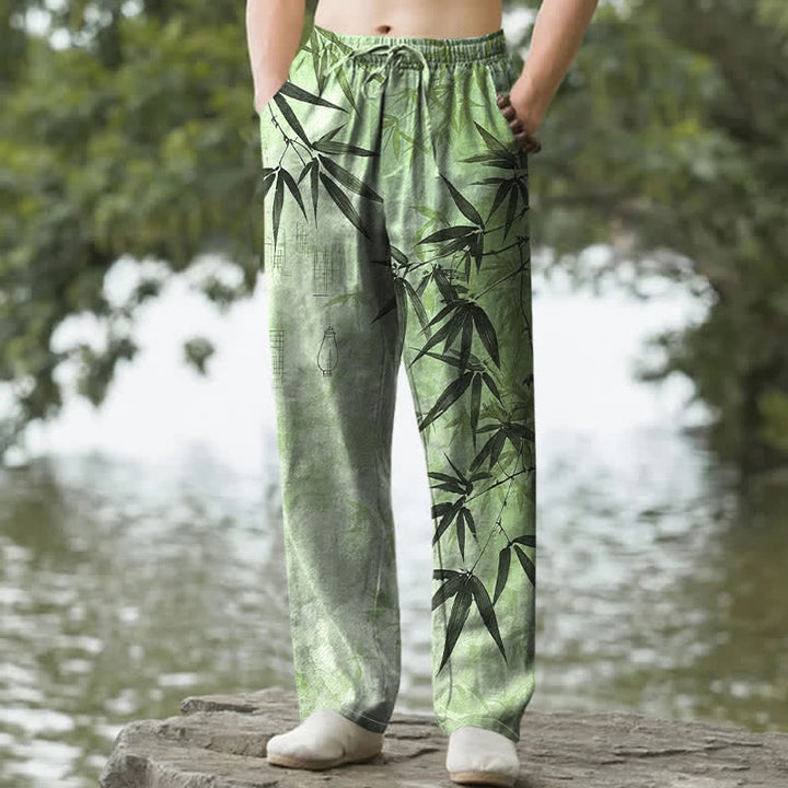 Buddha Stones Pantalon fuselé pour homme avec poches, imprimé feuilles de bambou et encre de coton - Vert pâle - US/UK/AU50，EU60 (5XL) - image 0