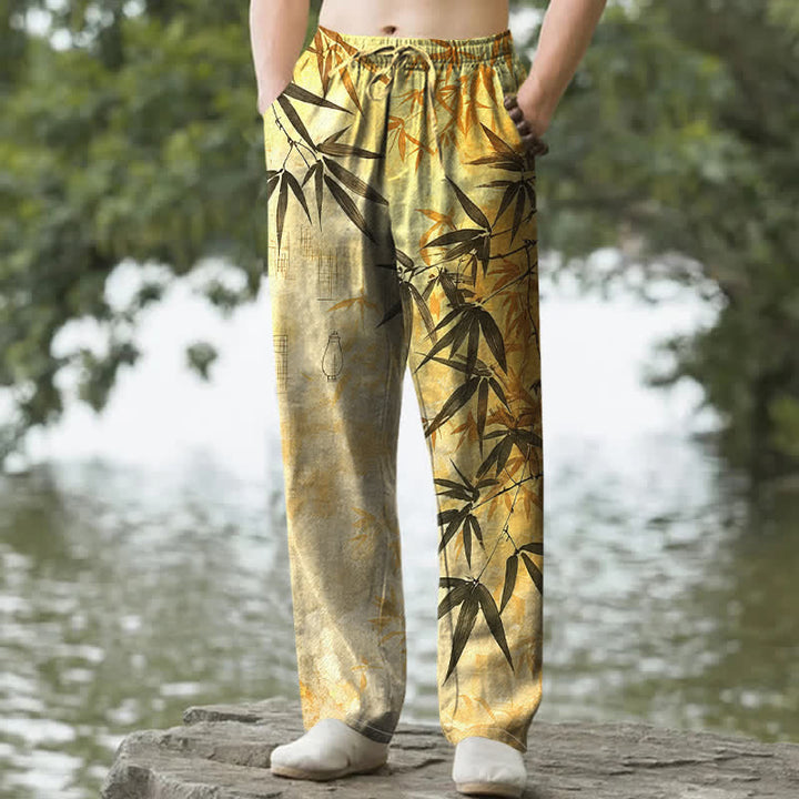 Buddha Stones Pantalon fuselé pour homme avec poches, imprimé feuilles de bambou et encre de coton - Or - US/UK/AU50，EU60 (5XL) - image 4