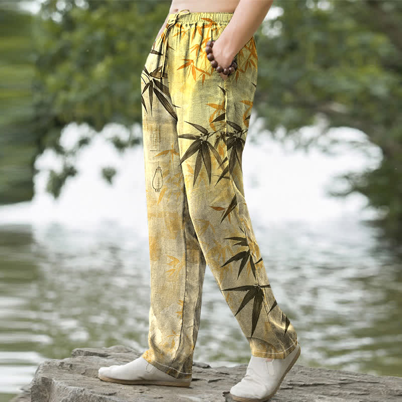 Buddha Stones Pantalon fuselé pour homme avec poches, imprimé feuilles de bambou et encre de coton - image 5