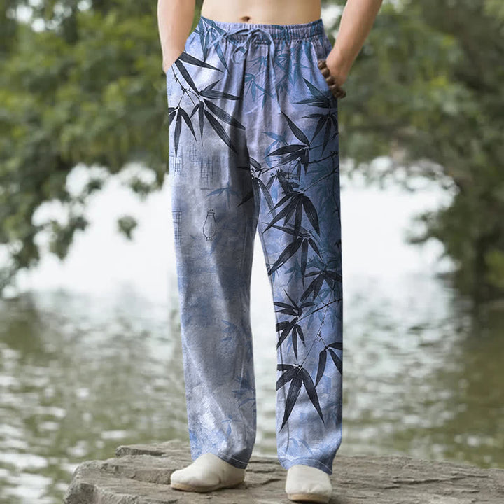 Buddha Stones Pantalon fuselé pour homme avec poches, imprimé feuilles de bambou et encre de coton - Bleu clair - US/UK/AU50，EU60 (5XL) - image 8