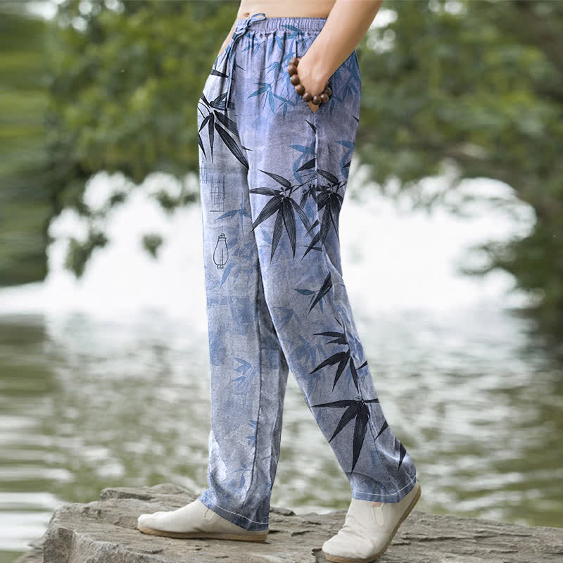 Buddha Stones Pantalon fuselé pour homme avec poches, imprimé feuilles de bambou et encre de coton - image 9