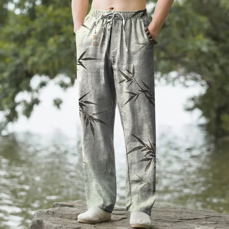 Buddha Stones Pantalon fuselé pour homme avec poches, imprimé feuilles de bambou et encre de coton - Melon miellat - US/UK/AU50，EU60 (5XL) - image 0