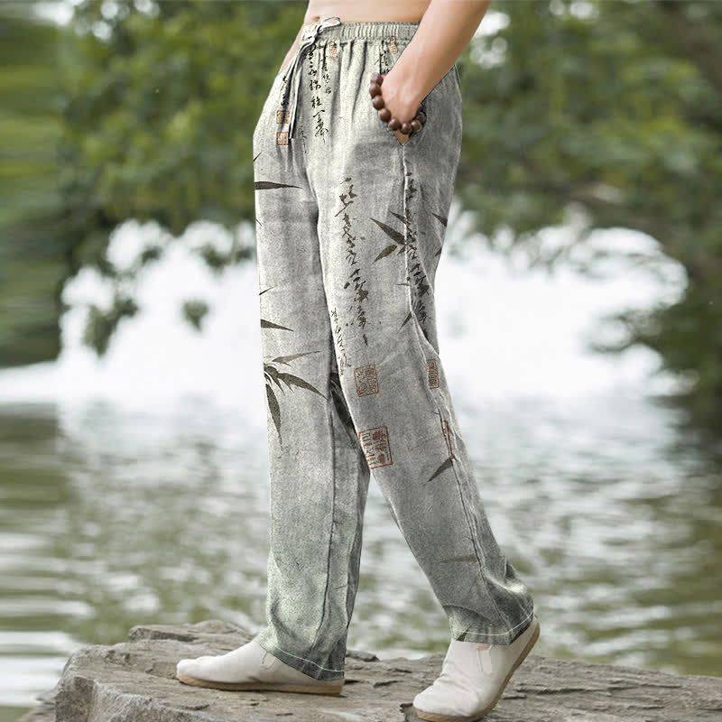 Buddha Stones Pantalon fuselé pour homme avec poches, imprimé feuilles de bambou et encre de coton - image 1