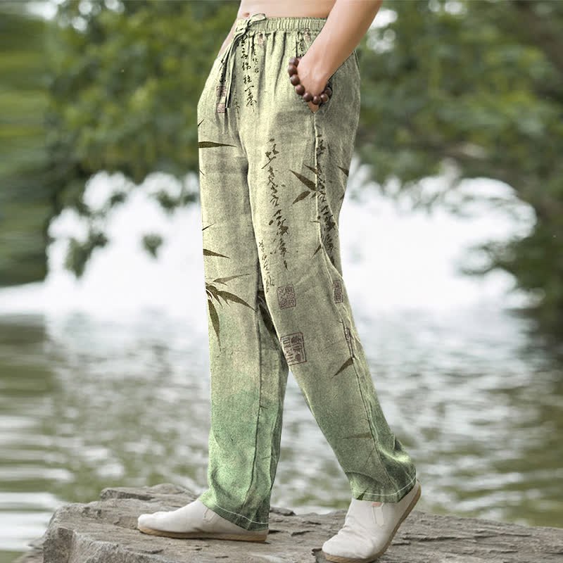 Buddha Stones Pantalon fuselé pour homme avec poches, imprimé feuilles de bambou et encre de coton - image 5